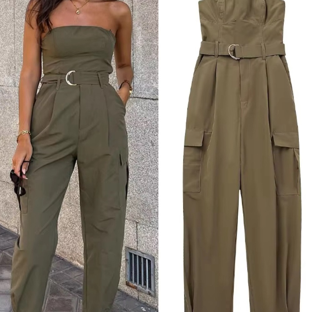 NWT. Zara Khaki Cotton Blend Strapless Cargo Belted Jumpsuit. Size L